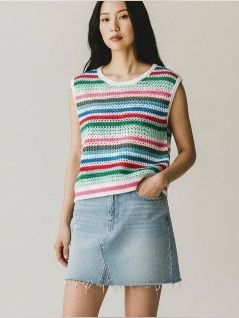 Modern Retro Talbots Multi Candy Stripe Crochet Knit Vest Tank Medium